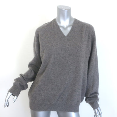 Frenckenberger Cashmere V-Neck Elbow Patch Sweater Taupe Gray Size Extra Small