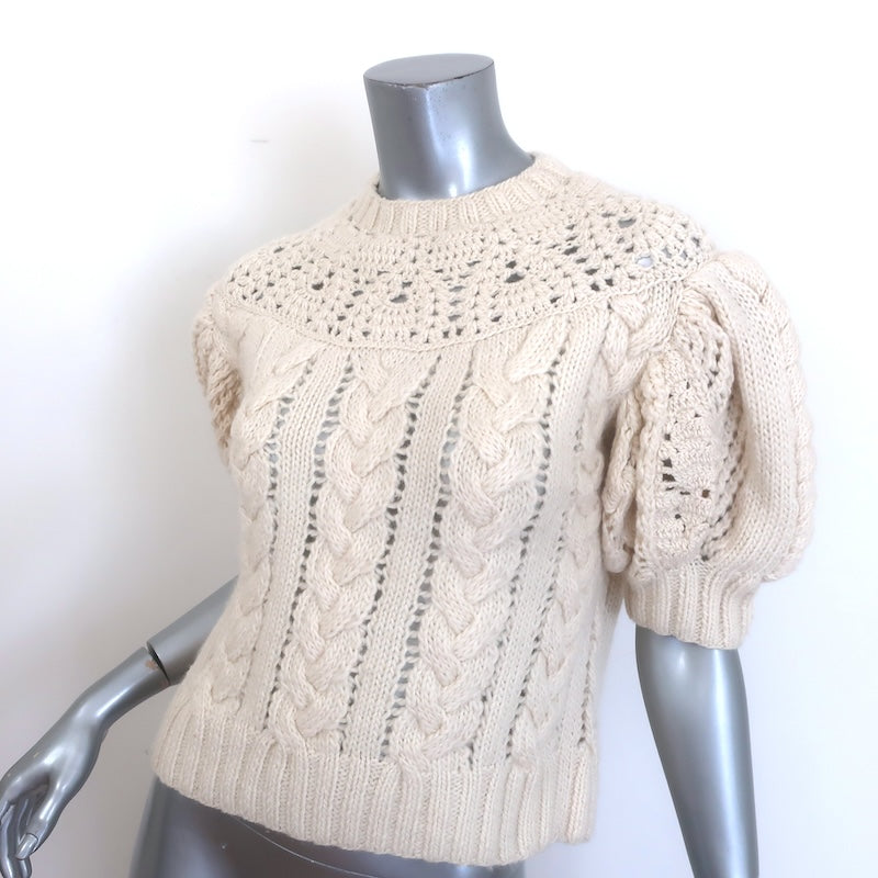 Ulla Johnson Hutton Short Sleeve Cable Knit Sweater Ivory Wool Size Petite
