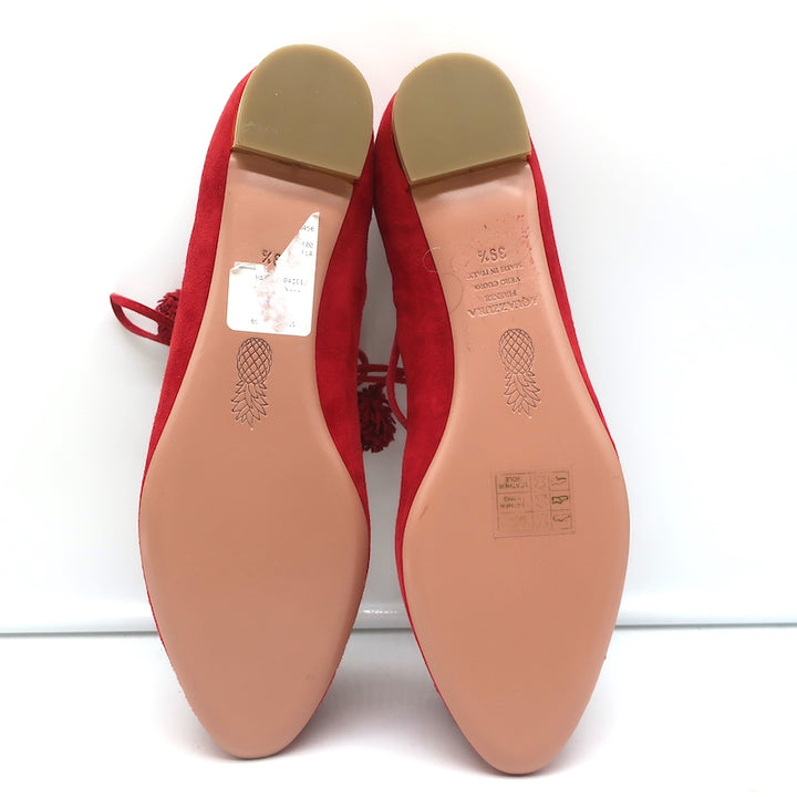 Aquazzura Sunshine Pom Pom Lace-Up Flats Red Suede Size 39.5 NEW