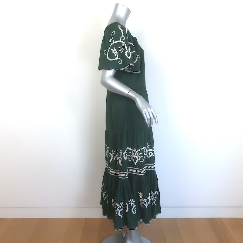 THE GREAT The Iris Embroidered Midi Dress Dark Forest Green Cotton Size 1