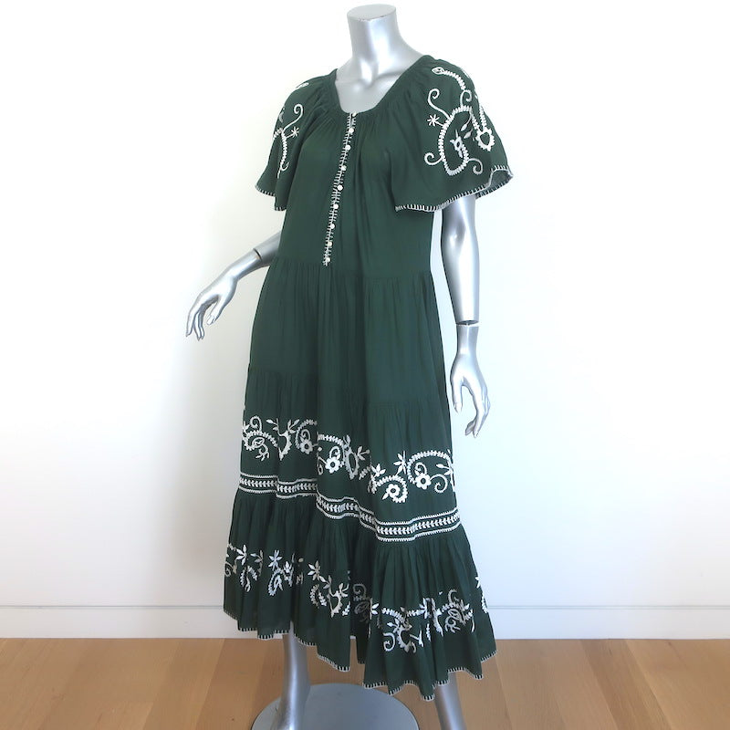 THE GREAT The Iris Embroidered Midi Dress Dark Forest Green Cotton Size 1