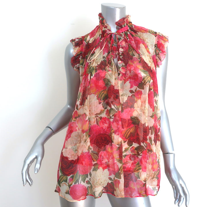 Zimmermann Wonderland Frilled Tank Top Pink Peonies Print Chiffon Size 0 NEW