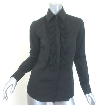 Burberry Lace Ruffle Button Down Shirt Black Stretch Cotton Size US 4 NEW
