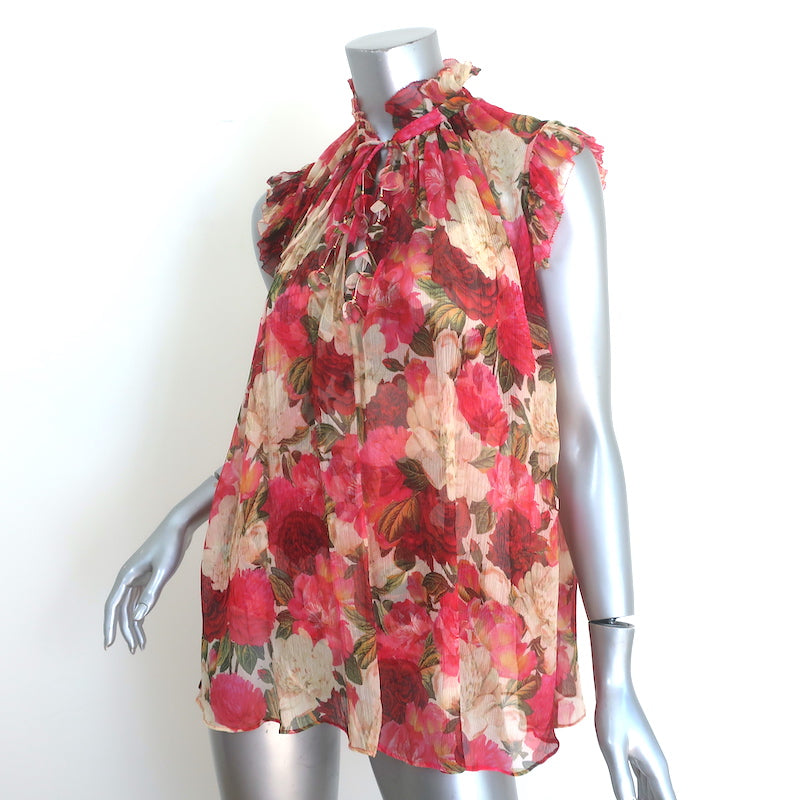 Zimmermann Wonderland Frilled Tank Top Pink Peonies Print Chiffon Size 0 NEW