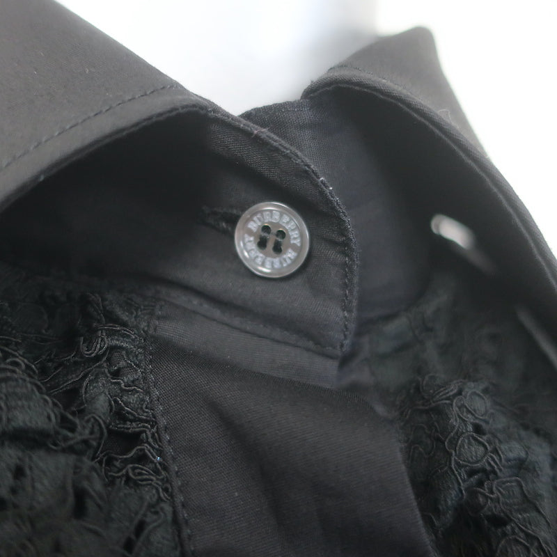 Burberry Lace Ruffle Button Down Shirt Black Stretch Cotton Size US 4 NEW