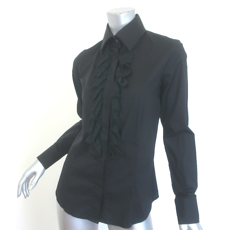 Burberry Lace Ruffle Button Down Shirt Black Stretch Cotton Size US 4 NEW