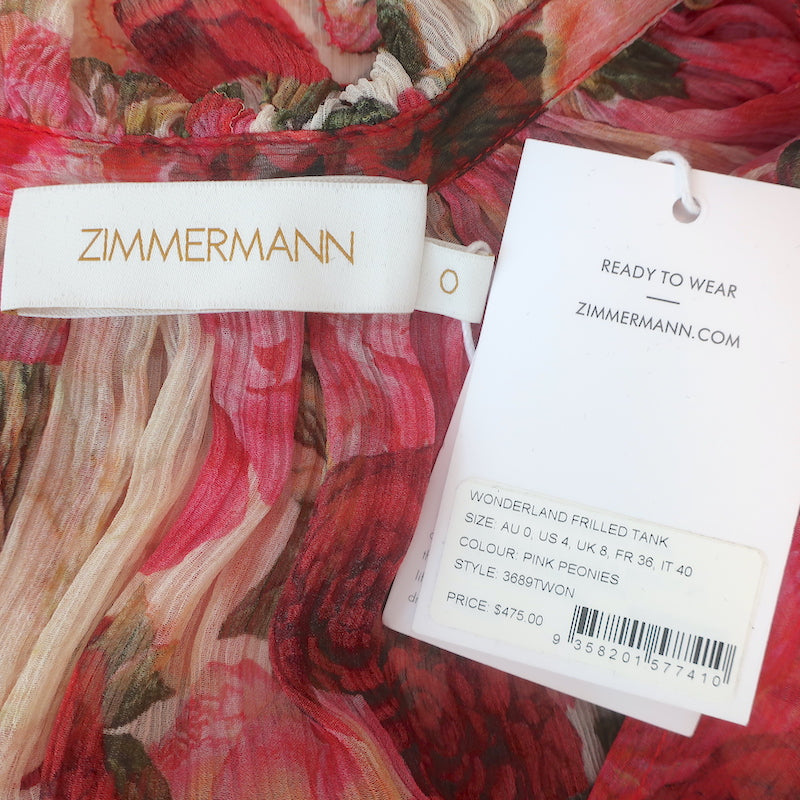 Zimmermann Wonderland Frilled Tank Top Pink Peonies Print Chiffon Size 0 NEW