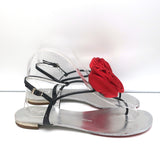 Giuseppe Zanotti Satin Rose Sandals Black Patent Leather Size 39 Flat Thong