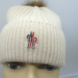 Moncler Grenoble Faux Fur Pom Pom Beanie Ivory Cashmere-Wool Ribbed Knit
