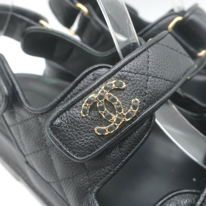 Chanel Chain CC Dad Sandals Black Quilted Caviar Leather Size 39
