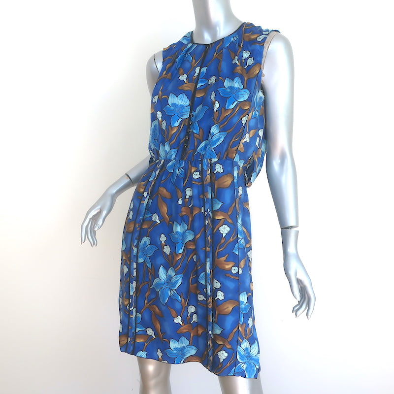 Marc Jacobs Sleeveless Dress Blue Floral Print Silk Twill Size 6