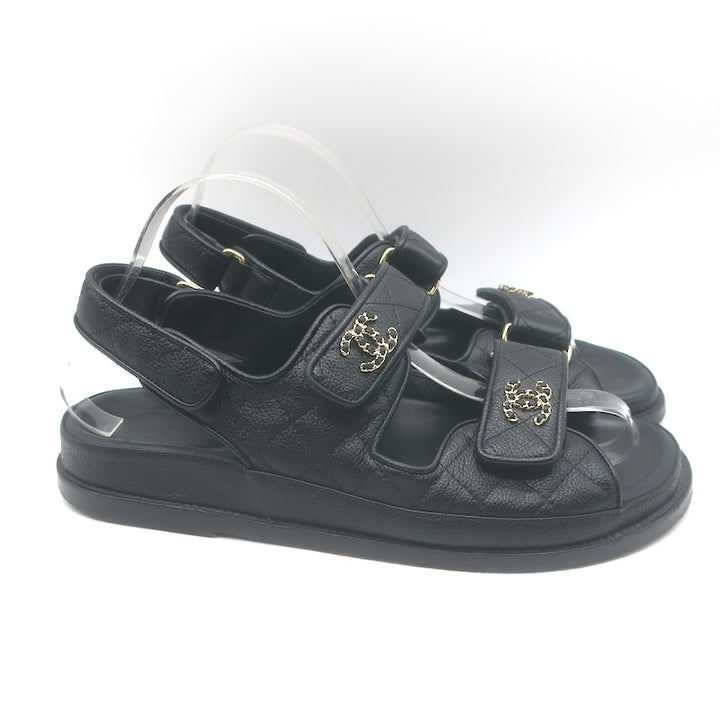 Chanel Chain CC Dad Sandals Black Quilted Caviar Leather Size 39