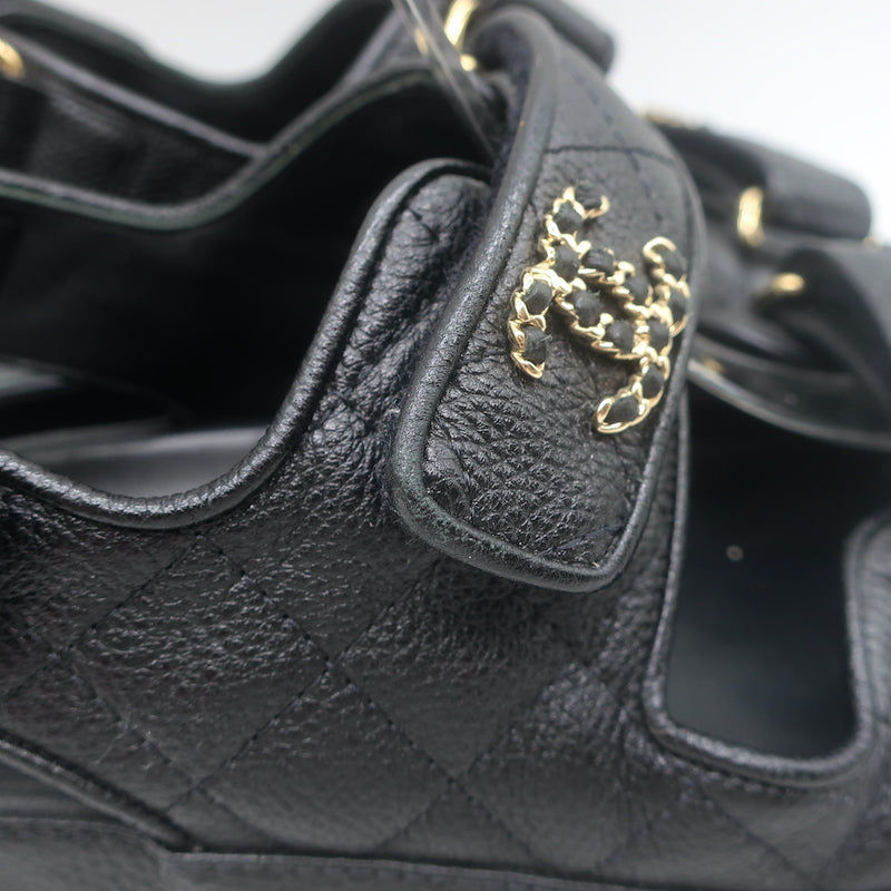 Chanel Chain CC Dad Sandals Black Quilted Caviar Leather Size 39