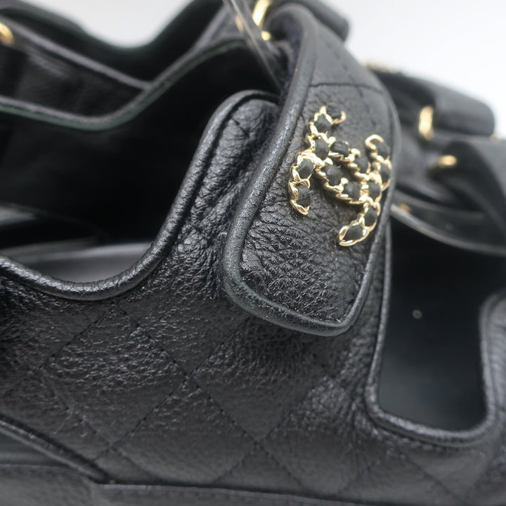 Chanel Chain CC Dad Sandals Black Quilted Caviar Leather Size 39