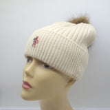 Moncler Grenoble Faux Fur Pom Pom Beanie Ivory Cashmere-Wool Ribbed Knit