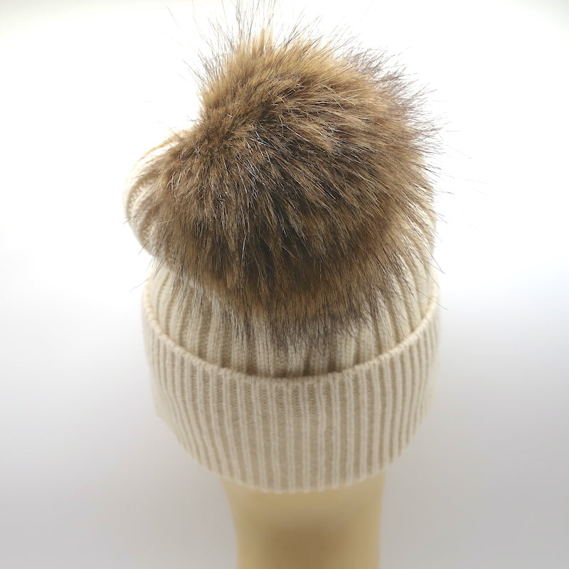 Moncler Grenoble Faux Fur Pom Pom Beanie Ivory Cashmere-Wool