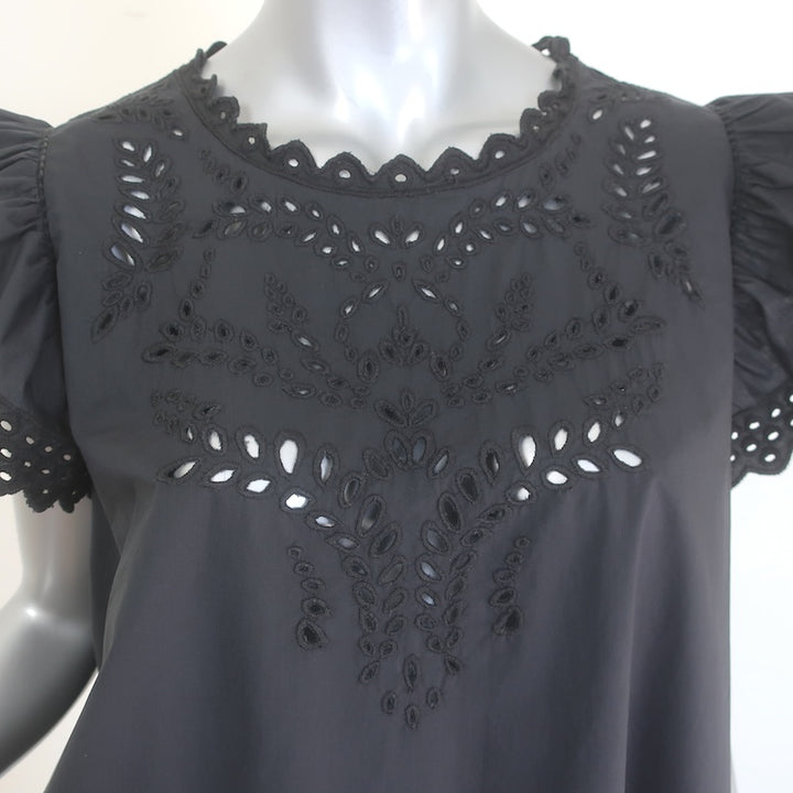 Isabel Marant Etoile Broderie Anglaise Flutter Sleeve Top Black Cotton Size 42