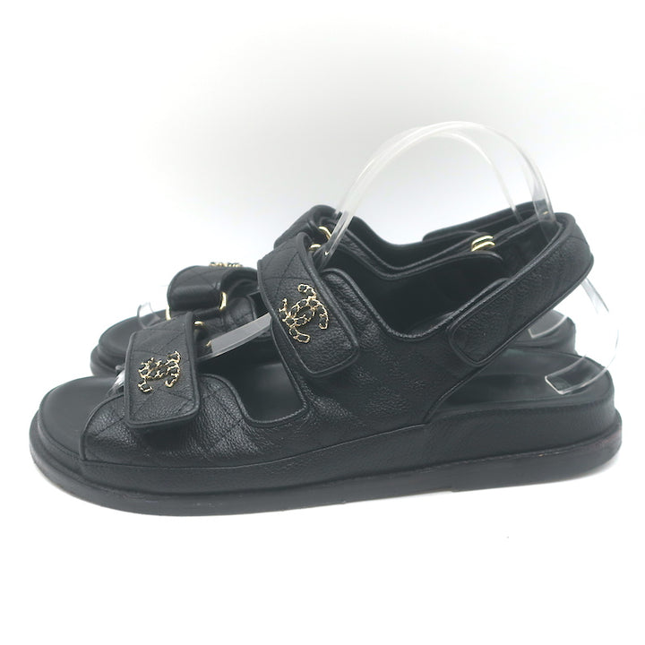 Chanel Chain CC Dad Sandals Black Quilted Caviar Leather Size 39