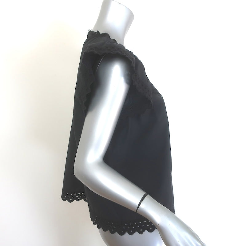 Isabel Marant Etoile Broderie Anglaise Flutter Sleeve Top Black Cotton Size 42