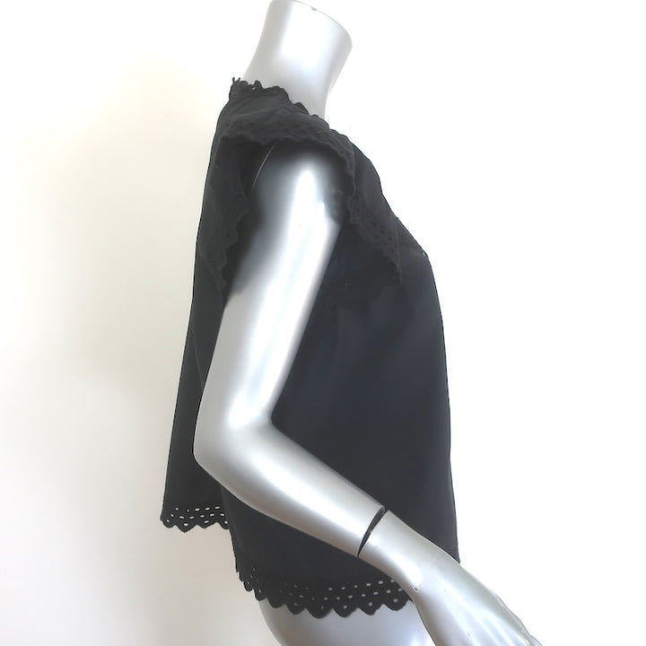 Isabel Marant Etoile Broderie Anglaise Flutter Sleeve Top Black Cotton Size 42