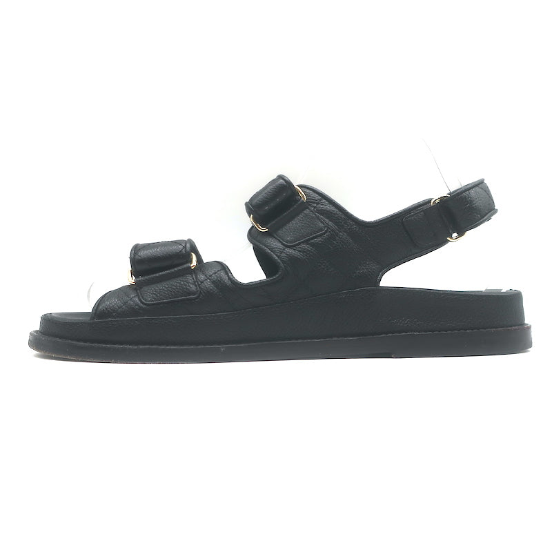 Chanel Chain CC Dad Sandals Black Quilted Caviar Leather Size 39