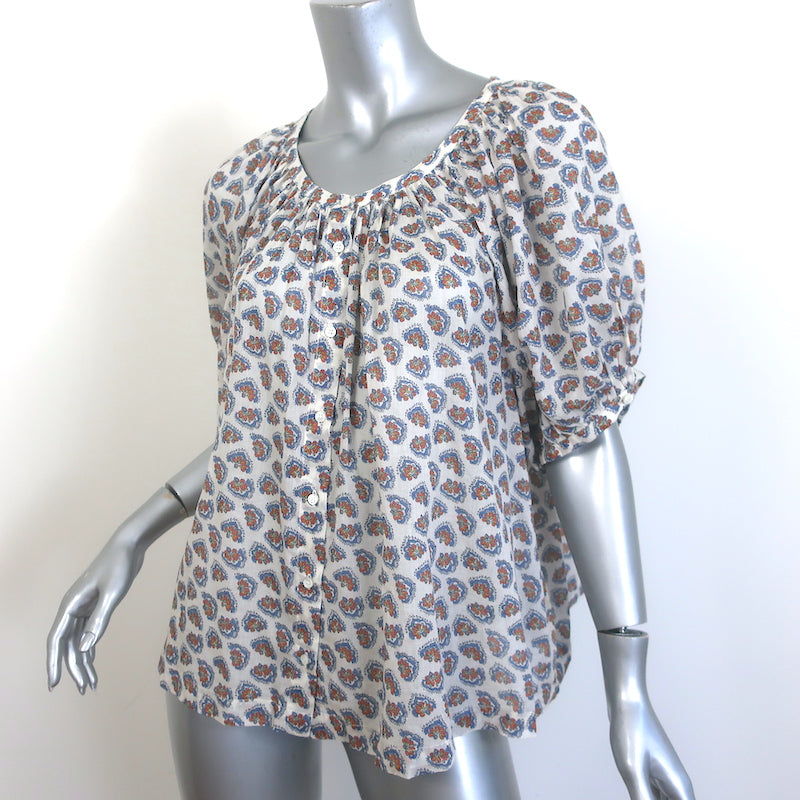 Doen June Button-Up Top White Paisley Print Cotton Size Large Puff Sleeve Blouse