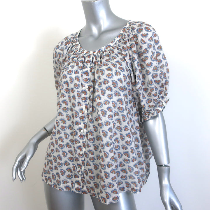 Doen June Button-Up Top White Paisley Print Cotton Size Large Puff Sleeve Blouse