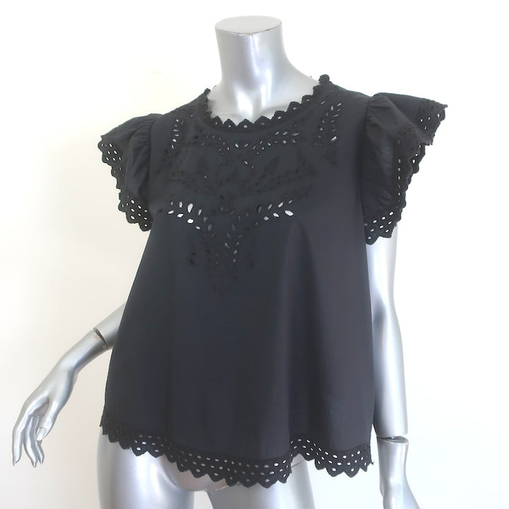 Isabel Marant Etoile Broderie Anglaise Flutter Sleeve Top Black Cotton Size 42