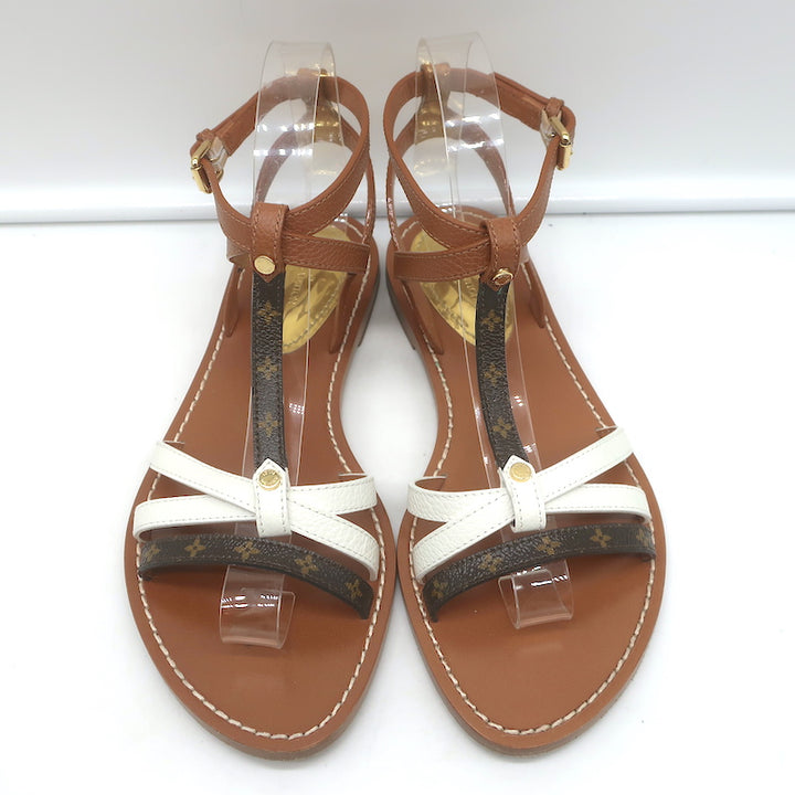 Louis Vuitton Explorer Flat Ankle Strap Sandals Brown Leather &amp; Monogram Size 38
