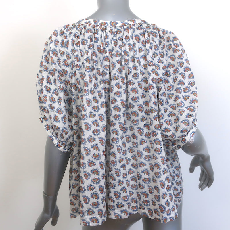Doen June Button-Up Top White Paisley Print Cotton Size Large Puff Sleeve Blouse