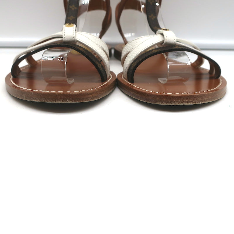 Louis Vuitton Explorer Flat Ankle Strap Sandals Brown Leather &amp; Monogram Size 38
