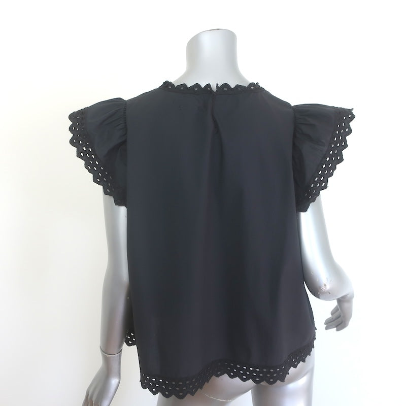 Isabel Marant Etoile Broderie Anglaise Flutter Sleeve Top Black Cotton Size 42