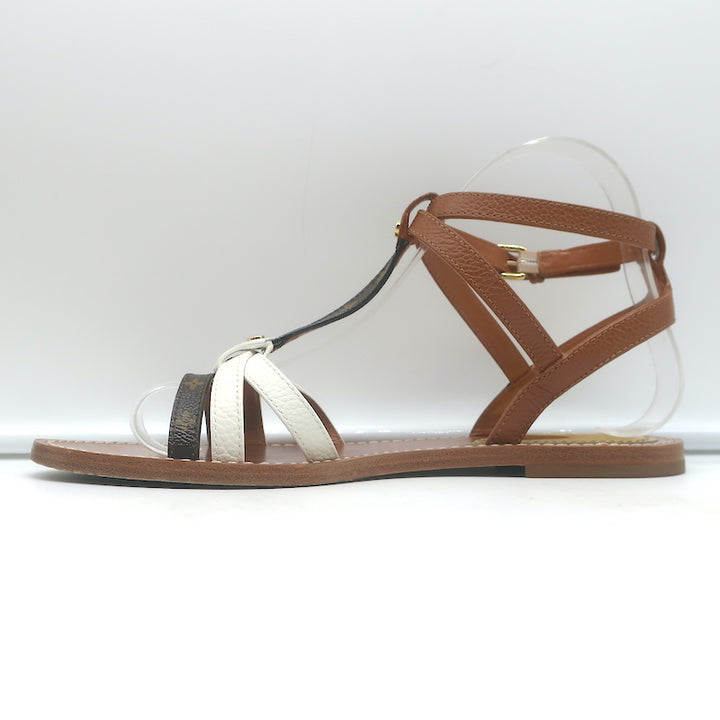 Louis Vuitton Explorer Flat Ankle Strap Sandals Brown Leather &amp; Monogram Size 38