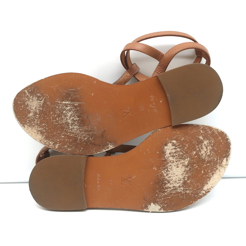 Louis Vuitton Explorer Flat Ankle Strap Sandals Brown Leather &amp; Monogram Size 38