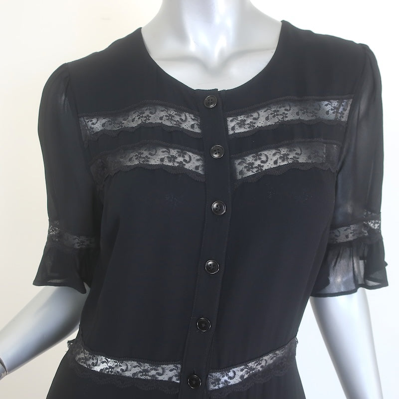 Reformation Woodson Lace-Trim Button-Up Midi Dress Black Crepe Size 8 NEW