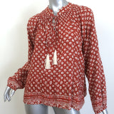 Natalie Martin Tassel Top Rust Floral Print Size Medium Long Sleeve Blouse
