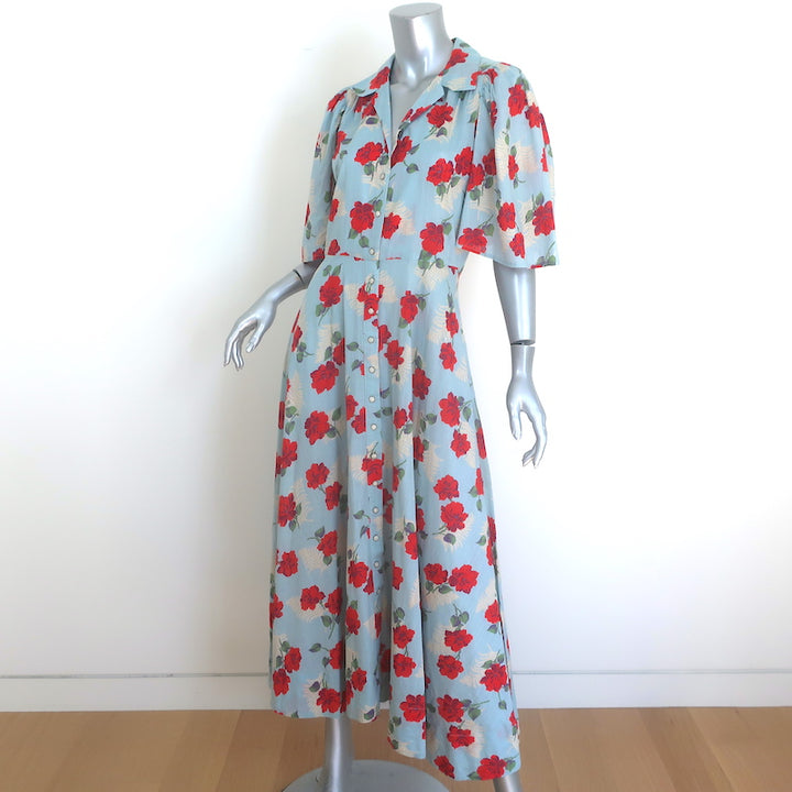 THE GREAT The Bridge Snap-Front Midi Dress Light Blue Floral Print Cotton Size 2