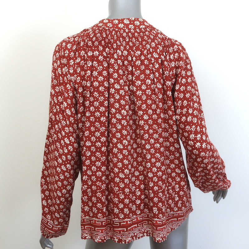 Natalie Martin Tassel Top Rust Floral Print Size Medium Long Sleeve Blouse