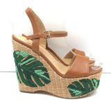 MICHAEL Michael Kors Fisher Palm Leaf Beaded Wedge Sandals Brown Leather Size 8