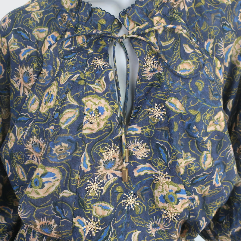 Chufy Long Sleeve Maxi Dress Bellini Navy Floral Print Cotton-Silk Size Medium