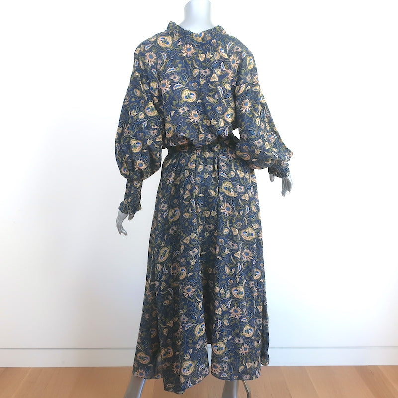 Chufy Long Sleeve Maxi Dress Bellini Navy Floral Print Cotton-Silk Size Medium