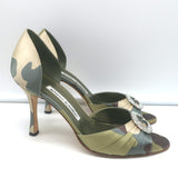 Manolo Blahnik Sedaraby Crystal Buckle d'Orsay Pumps Camo Print Satin Size 38