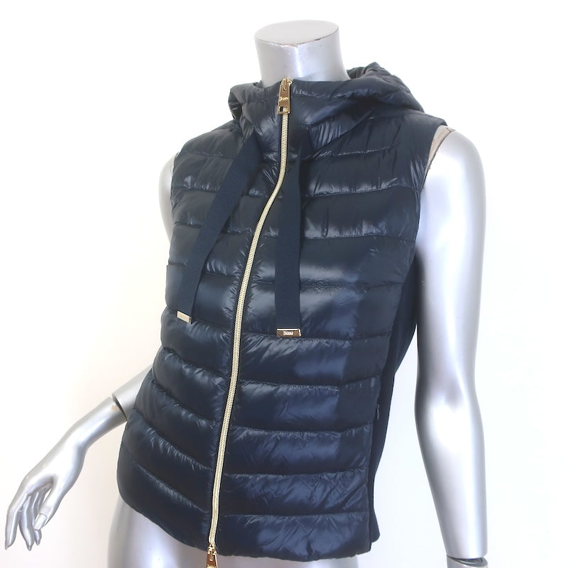 Herno Knit-Paneled Hooded Down Puffer Vest Navy Size 38