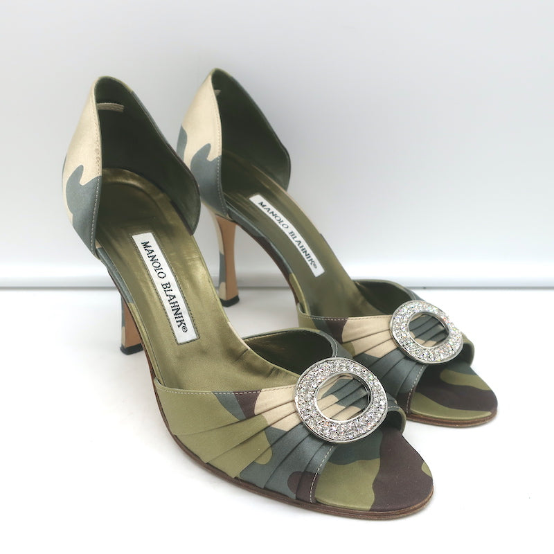 Manolo Blahnik Sedaraby Crystal Buckle d'Orsay Pumps Camo Print