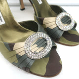 Manolo Blahnik Sedaraby Crystal Buckle d'Orsay Pumps Camo Print Satin Size 38