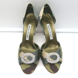 Manolo Blahnik Sedaraby Crystal Buckle d'Orsay Pumps Camo Print Satin Size 38