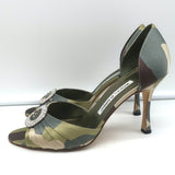 Manolo Blahnik Sedaraby Crystal Buckle d'Orsay Pumps Camo Print Satin Size 38