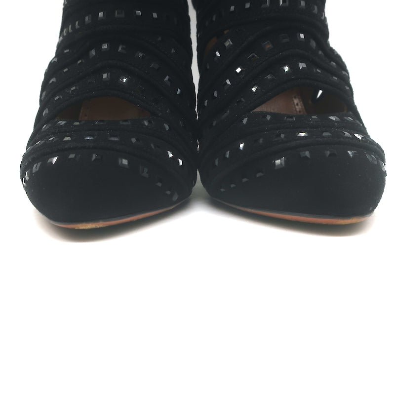 Alaia Crystal-Studded Cutout Boots Black Suede Size 39
