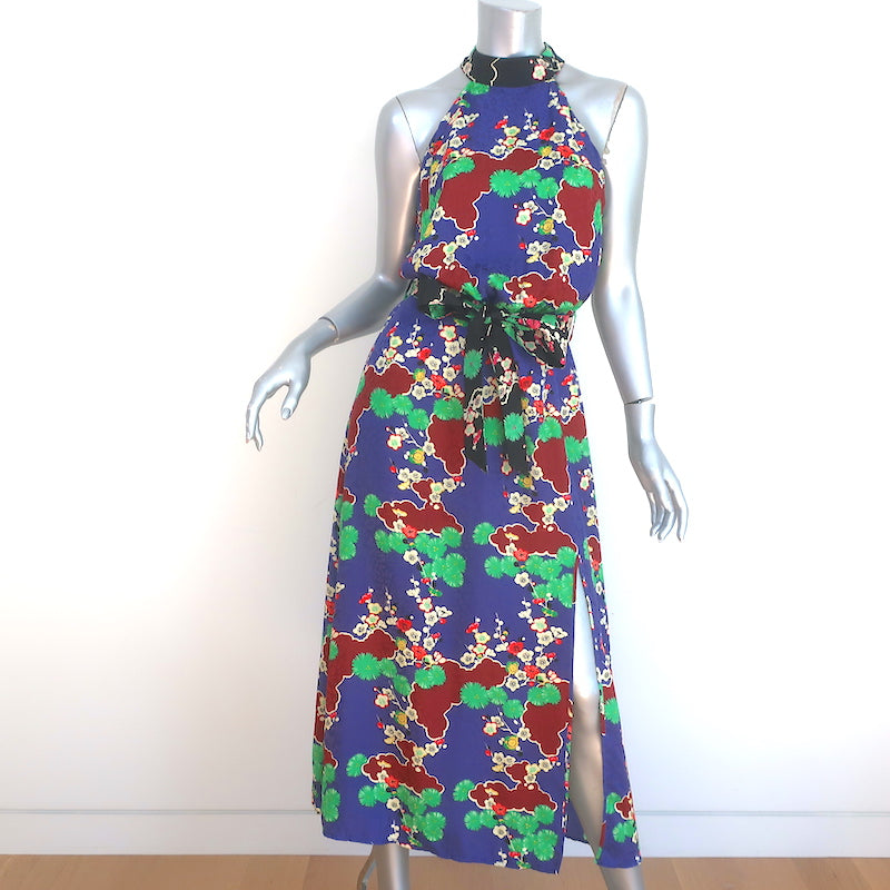 RIXO London Pearl Midi Dress Blue Cherry Blossom Print Silk Satin Size Celebrity Owned RIXO London Pearl Midi Dress Blue Cherry Blossom Print Silk Satin Size Celebrity Owned