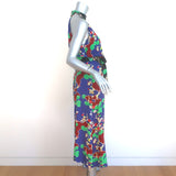 RIXO London Pearl Midi Dress Blue Cherry Blossom Print Silk Satin Size Medium